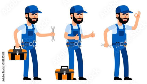 Handyman showing thumbs up. Repair Man shows ok gesture. Satisfied worker mechanic cartoon character. Vector illustration