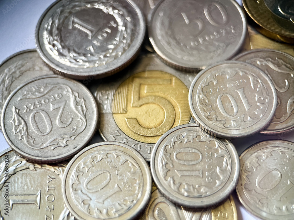 Background of Polish zloty coins in close-up. Currency of Poland