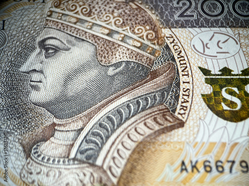 A 200 zloty bill in close-up. Polish currency