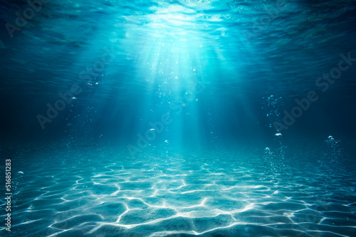 Stampa su tela Underwater Sea - Deep Water Abyss With Blue Sun light