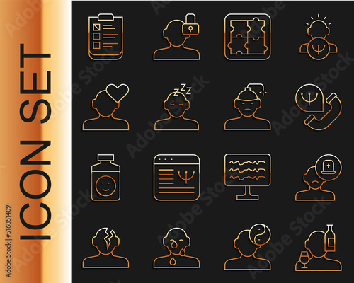 Set line Alcoholism, Male doctor, Online psychological counseling, Solution problem psychology, Dreams, Broken heart divorce, Psychological test and Concussion, headache icon. Vector