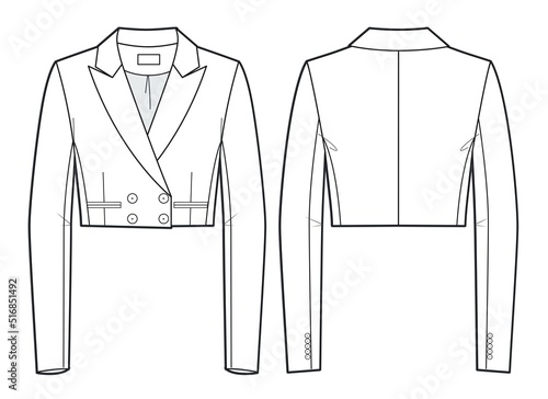 Women's Crop Jacket technical fashion illustration, button-up, double breasted. Flat apparel  Jacket template front and back, white. Women's CAD mock-up.