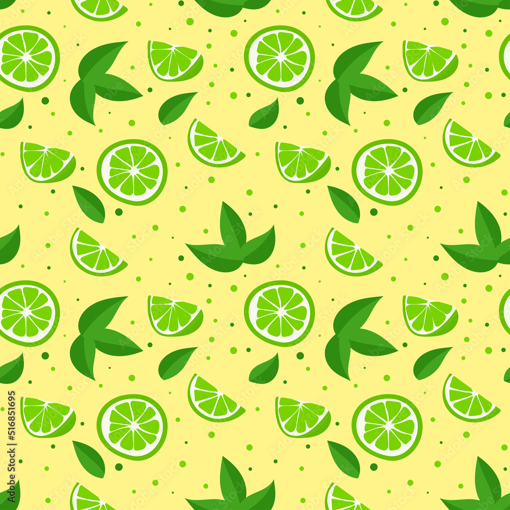 Lime with green leaves, a slice of citrus fruits on a yellow background. Seamless tropical pattern Lime with green leaves, a slice of citrus fruits on a yellow background. Seamless tropical pattern