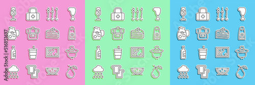 Set line Pear, Camping hat, Sunscreen cream tube, Grilled shish kebab on skewer, Hiking backpack, Jug glass with water, Wine and Piece of cake icon. Vector