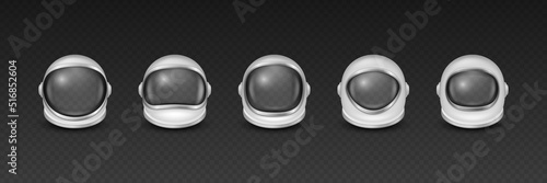 Vector 3d Realistic Astronaut Helmets, Cosmonaut Mask with Transparent Glass Visor for Space Exploration, Icon Set Isolated. White Suit Part for Spaceman Head Protection. Space Helmet Design Template