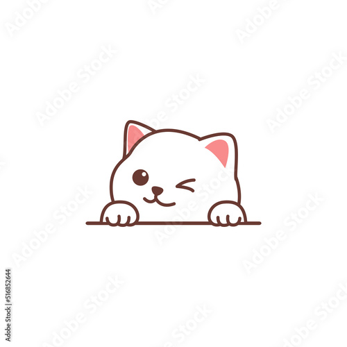 Cute white cat peeking and winking eye cartoon, vector illustration