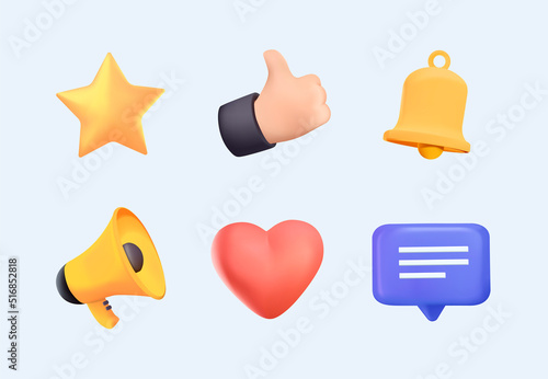 3d social media icons. Digital marketing symbols. Like button, speech bubble, notification bell, megaphone icon vector