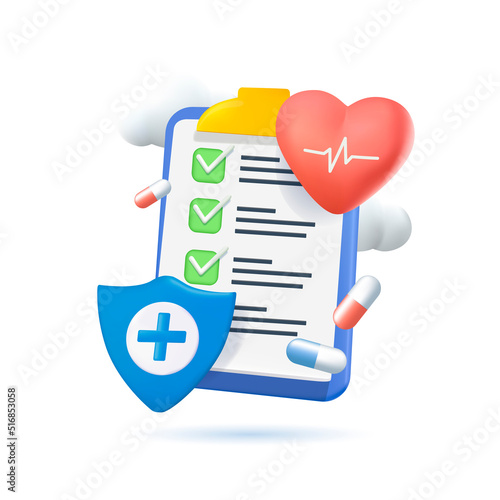 3D Health insurance icon concept. Life insurance, family health care protection. Big clipboard with document checklist.