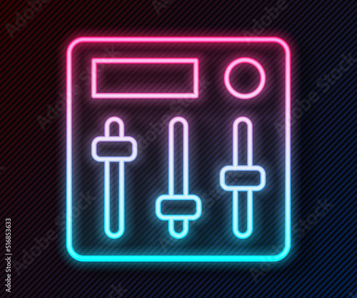 Glowing neon line Sound mixer controller icon isolated on black background. Dj equipment slider buttons. Mixing console. Vector