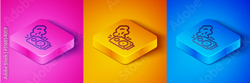 Isometric line Stereo speaker icon isolated on pink and orange, blue background. Sound system speakers. Music icon. Musical column speaker bass equipment. Square button. Vector