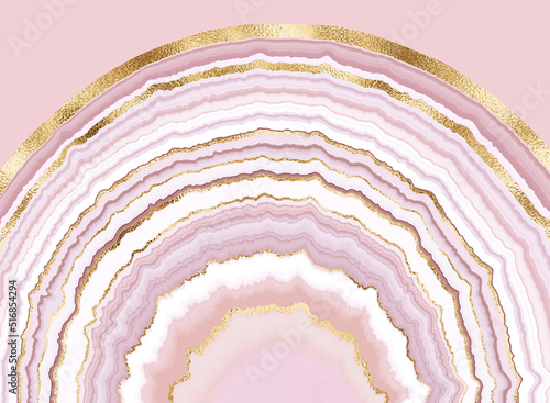 Agate crystal wall art print with mineral texture and gold border isolated on pink background.