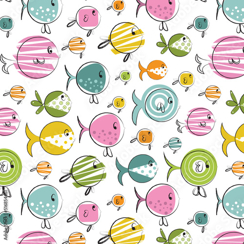 Fish seamless repeating pattern for kids apparel, paper, decor, background, scrapbooking and more. Vector illustration. Pastel colors. Summer print.