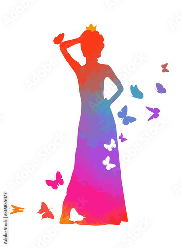 Multicolored silhouette of a girl with butterflies. Vector illustration