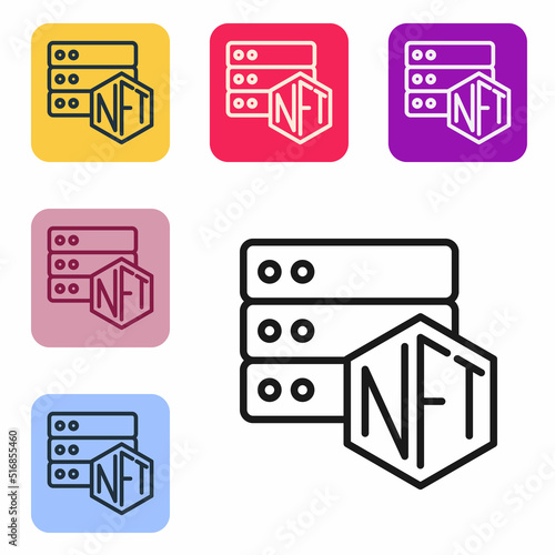 Black line NFT blockchain technology icon isolated on white background. Non fungible token. Digital crypto art concept. Set icons in color square buttons. Vector