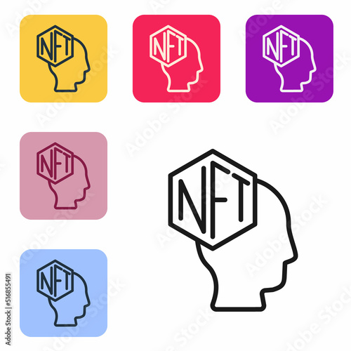 Black line NFT Digital crypto art icon isolated on white background. Non fungible token. Set icons in color square buttons. Vector