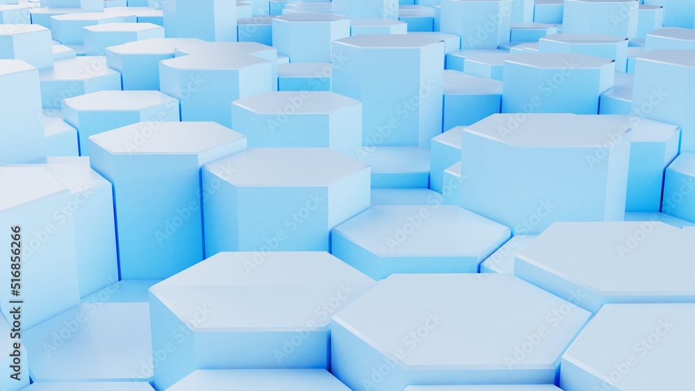 Abstract background with waves made of soft blue futuristic honeycomb mosaic geometry primitive forms that goes up and down under white back-lighting. 3D illustration. 3D CG. High resolution. Abstract background with waves made of soft blue futuristic honeycomb mosaic geometry primitive forms that goes up and down under white back-lighting. 3D illustration. 3D CG. High resolution.