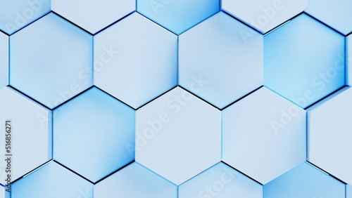 Abstract background with waves made of soft blue futuristic honeycomb mosaic geometry primitive forms that goes up and down under white back-lighting. 3D illustration. 3D CG. High resolution.