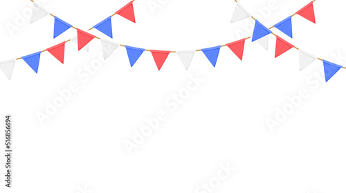 Flag garland. White, blue, red pennants chain. Party bunting decoration. Triangle celebration flags for party decor. Vector