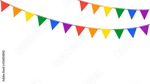LGBT garland. Rainbow color pennants chain. Party bunting decoration. Triangle celebration flags for pride decor. Vector 