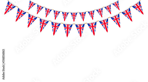 UK flag garland. Union Jack pennants chain. British party bunting decoration. Great Britain flags for celebration. Footer and banner background.