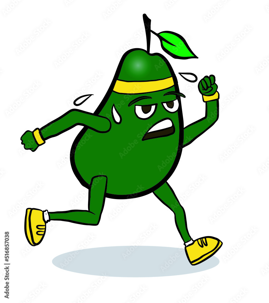 Obraz premium Avocado mascot running. Vector Illustration of Fruit Character Walking Fast and Sweating. isolated on white background.