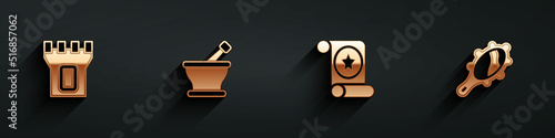 Set Castle tower, Mortar and pestle, Magic scroll and hand mirror icon with long shadow. Vector
