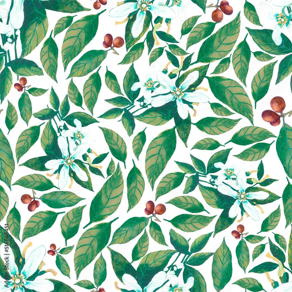 A pattern of coffee flowers.For fabrics, for printing brochures, posters, parties, vintage textile design, postcards, packaging. A pattern of coffee flowers.For fabrics, for printing brochures, posters, parties, vintage textile design, postcards, packaging.