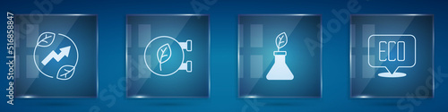 Set Electric saving plug in leaf, Eco shop, Plant breeding and Leaf symbol. Square glass panels. Vector