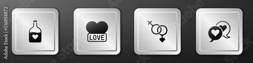 Set Bottle with love potion, Heart, Gender and in speech bubble icon. Silver square button. Vector