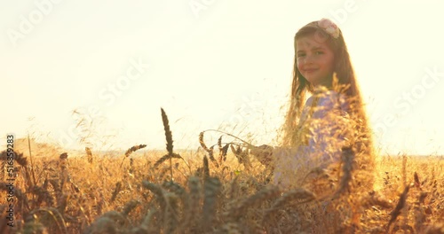 Beautiful girl woman in traditional Bulgarian folklore dress holding golden wheat straws in harvest field, agriculture concept photo