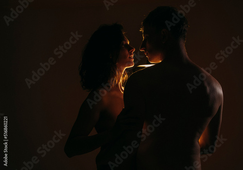 silhouette of a couple. Kissing couple. Lovers. Happy day. Play game. Sex. Idea. Shadow.  photo