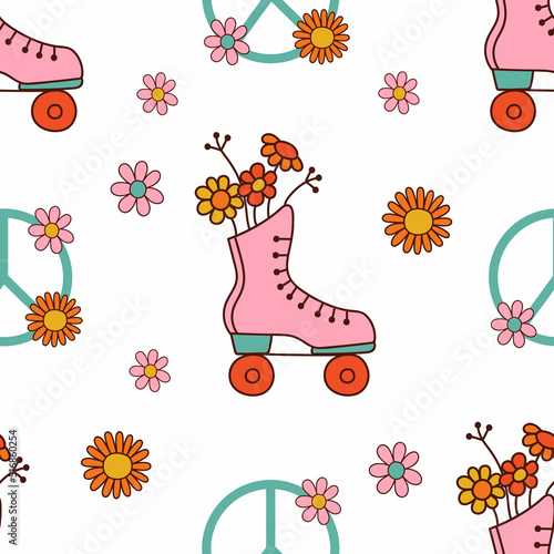 Groovy retro seamless pattern with roller skate with flowers and peace symbol. 1970 style. Vector illustration