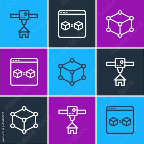 Set line 3D printer house, Isometric cube and perfect copy icon. Vector