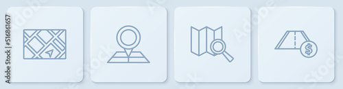 Set line Gps device with map, Search location, Folded marker and Toll road traffic. White square button. Vector