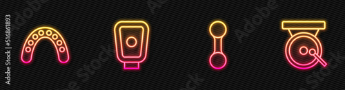 Set line Dumbbell, Mouth guard boxer, Boxing training paws and gong. Glowing neon icon. Vector