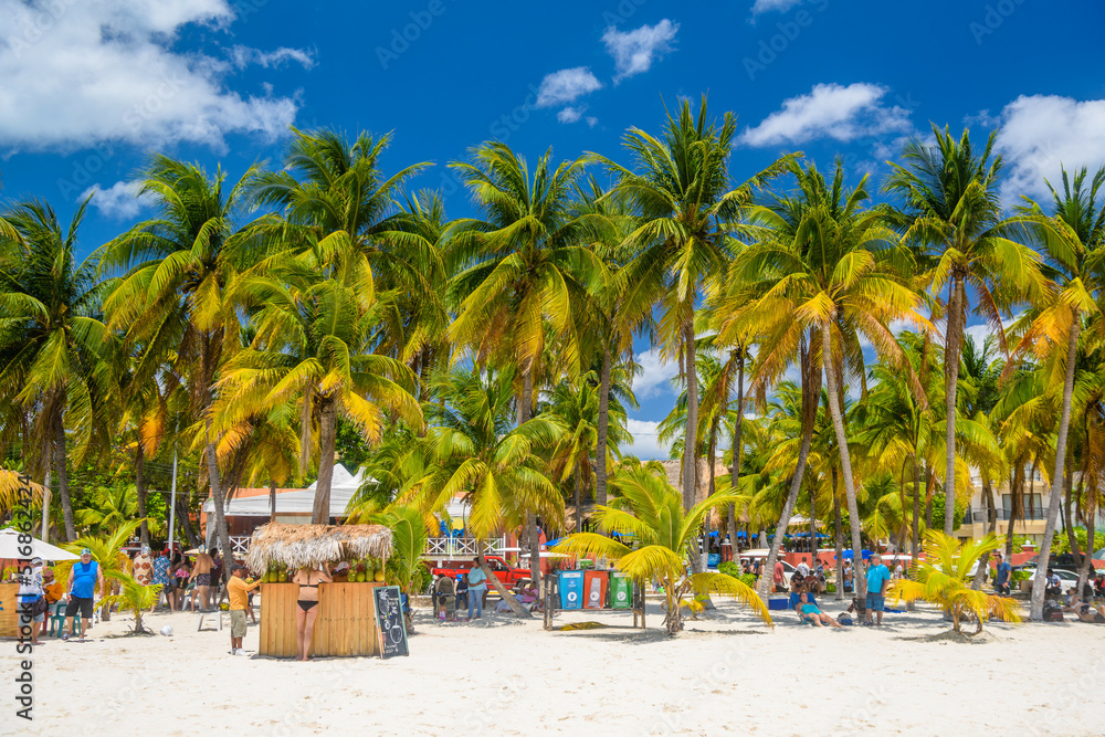 Fototapeta premium Cocos beach bar on a beach with white sand and palms on a sunny day, Isla Mujeres island, Caribbean Sea, Cancun, Yucatan, Mexico