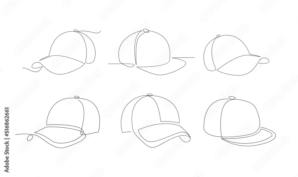 set collection hat cap one line drawing isolated on white background set collection hat cap one line drawing isolated on white background