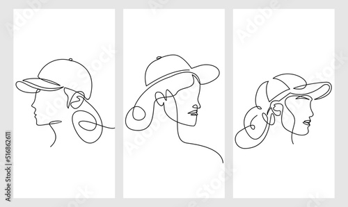 set collection woman with hat cap one line drawing vector design