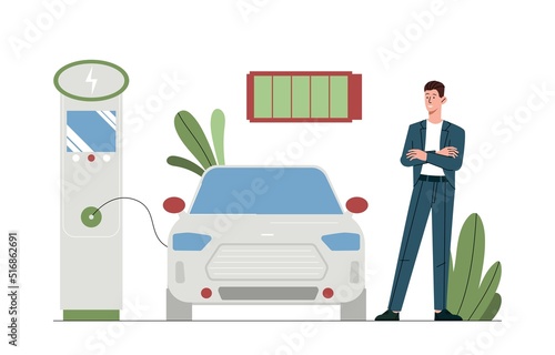 Man charging car. Character with modern vehicle. Reduced emissions of harmful substances and CO2. Responsible society and protection of planet and environment. Cartoon flat vector illustration