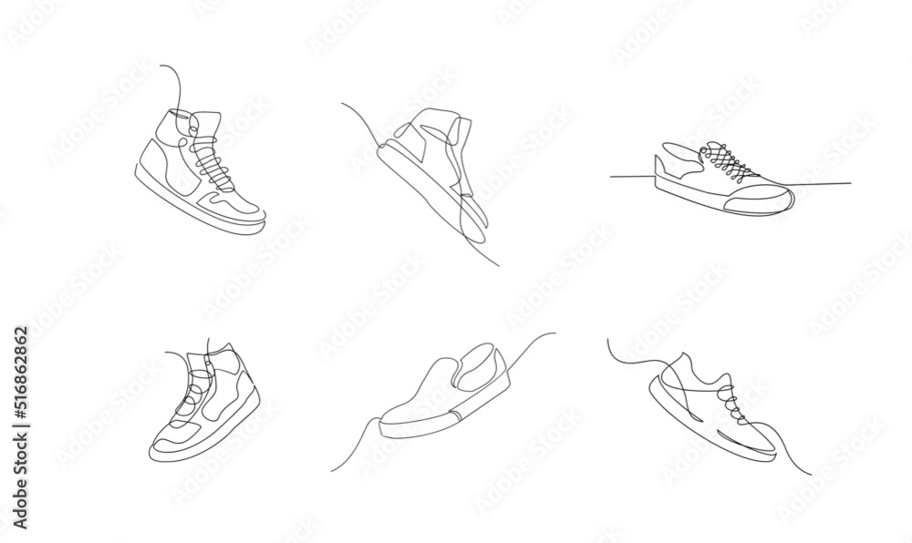 set collection Vector illustration of sneakers sports shoes in a continuous one line isolated white background set collection Vector illustration of sneakers sports shoes in a continuous one line isolated white background