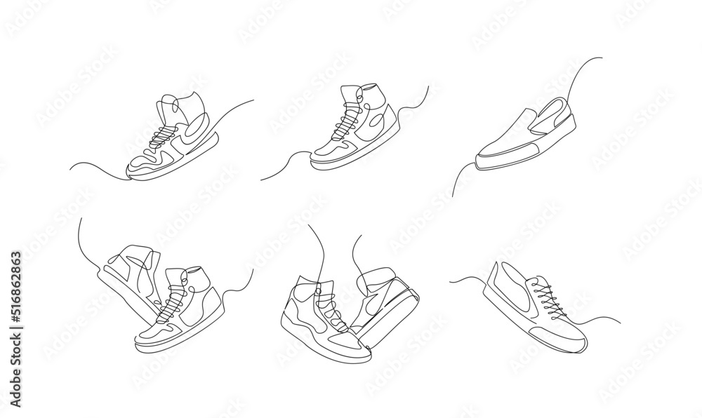 set collection Vector illustration of sneakers sports shoes in a continuous one line isolated white background set collection Vector illustration of sneakers sports shoes in a continuous one line isolated white background