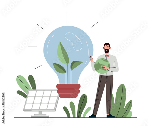 Ecological idea concept. Man with solar panel develops new ways to reduce emission of harmful substances. Creative person comes up with alternative energy sources. Cartoon flat vector illustration