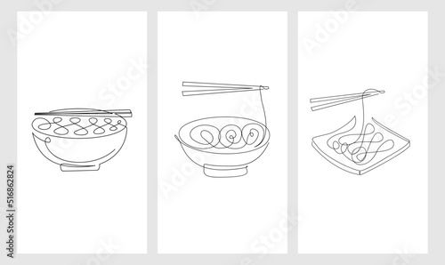 set One continuous line drawing Japanese spicy noodles banner logo flyer Fast food cafe shop logotype template concept Modern single line draw design vector illustration