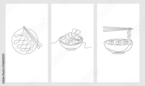 set One continuous line drawing Japanese spicy noodles banner logo flyer Fast food cafe shop logotype template concept Modern single line draw design vector illustration