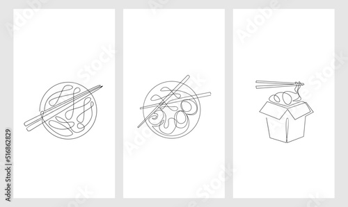 set One continuous line drawing Japanese spicy noodles banner logo flyer Fast food cafe shop logotype template concept Modern single line draw design vector illustration