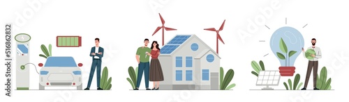 Green energy set. Collection of scenes with people who care about environment. Reducing emissions of harmful substances and CO2. Cartoon flat vector illustrations isolated on white background
