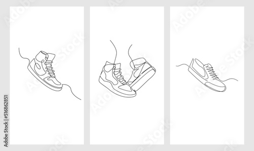 set collection Vector illustration of sneakers sports shoes in a continuous one line isolated white background
