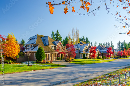 Neighbourhood of luxury houses with street road, big trees and nice landscape in Vancouver, Canada. Blue sky. Day time on September 2021