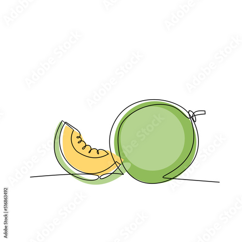 One single line drawing whole and sliced healthy organic fresh melon colorful logo Modern continuous line draw design vector graphic illustration