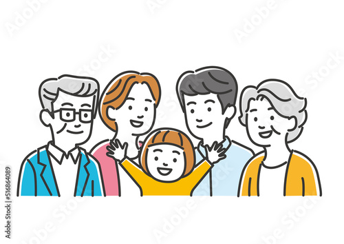 夫婦と祖父母と孫の家族のイラスト素材